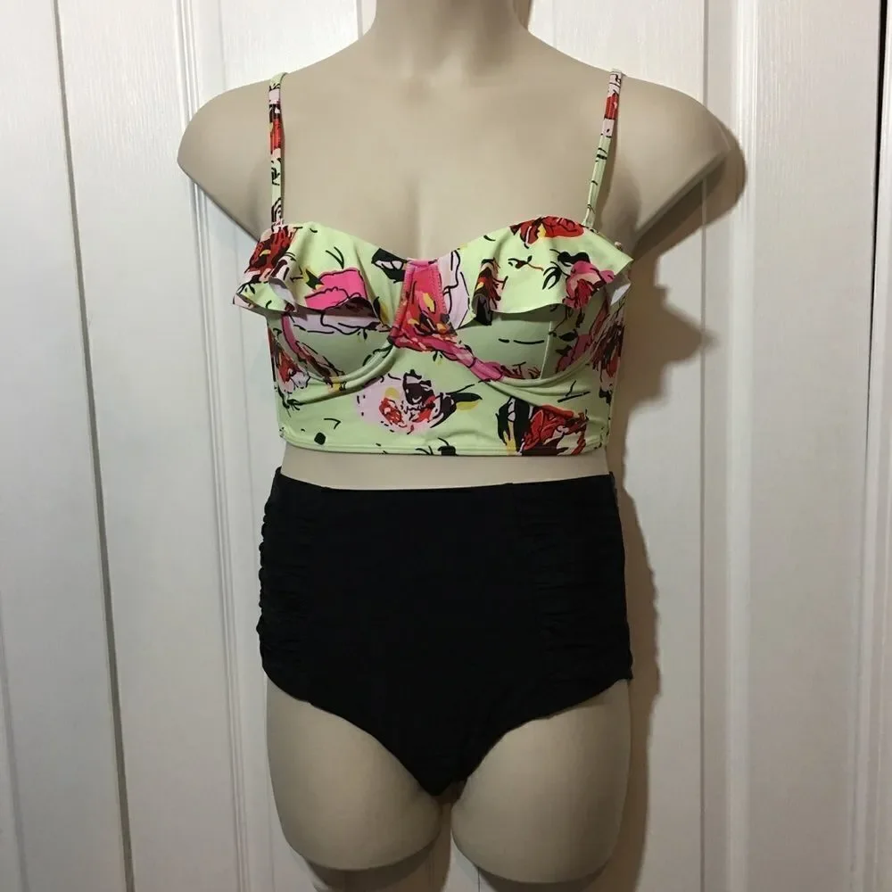 Floral Long Line‎ Bra Top Two Piece Swimsuit